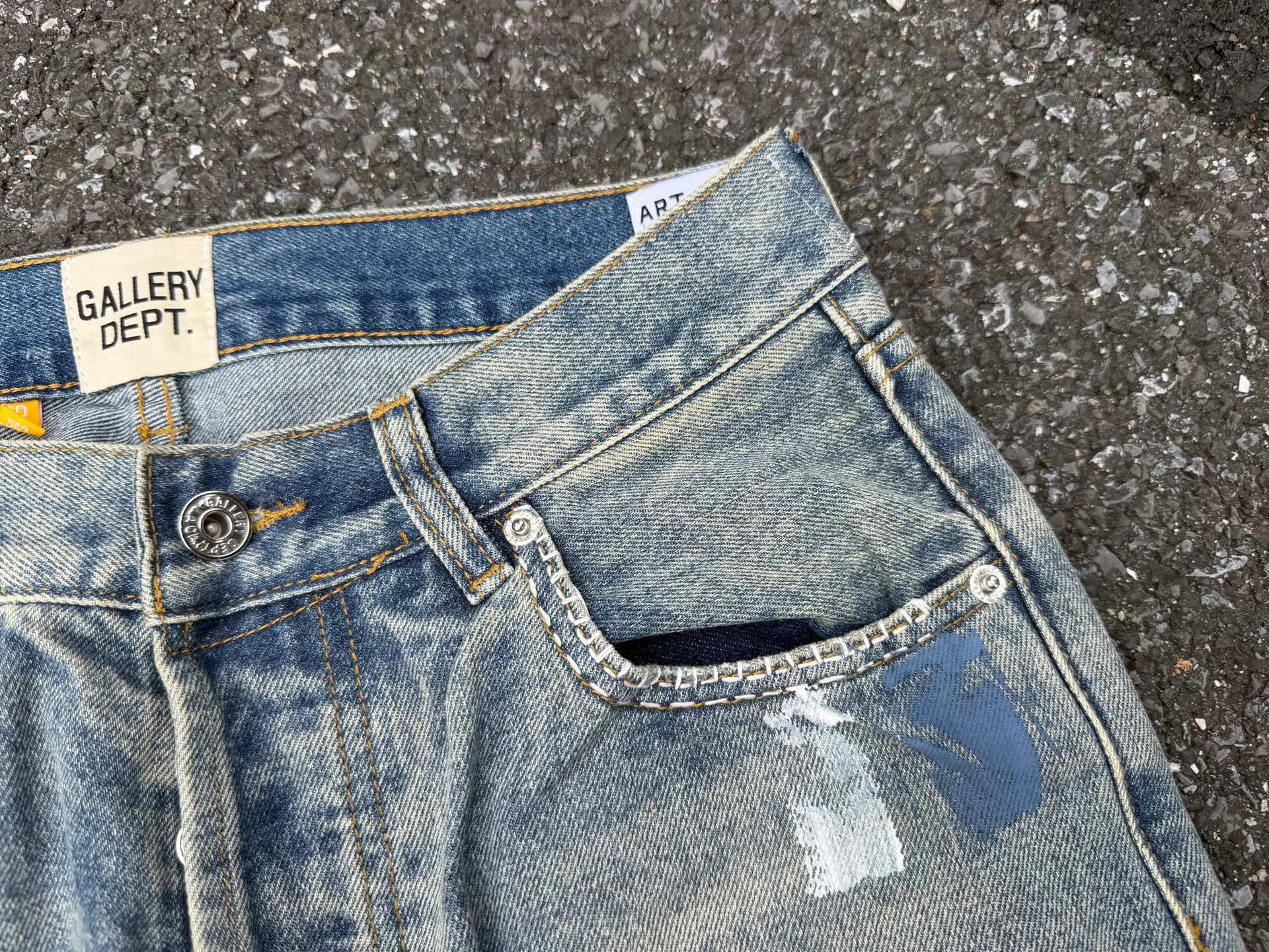 P300💰GA02 Top heavy industry GALLERY DEPT. Spliced ​​ink splash paint hand-stitched holes washed retro jeans men and women high street splash ink pants micro-flared casual trousers trendy couple same style Size: 28 30 32 34 36 (corresponds to S M L XL XXL)